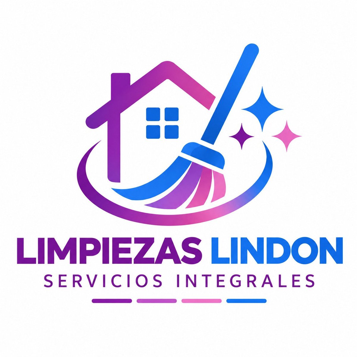 Limpiezas Lindon logo featuring a house with broom and cleaning symbols in purple and blue